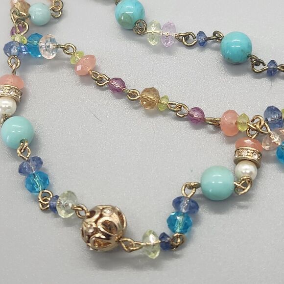 Matched Set Summer Breeze Beaded Necklace & Dangle Earrings Avon Gold Aqua Boho - Picture 7 of 9